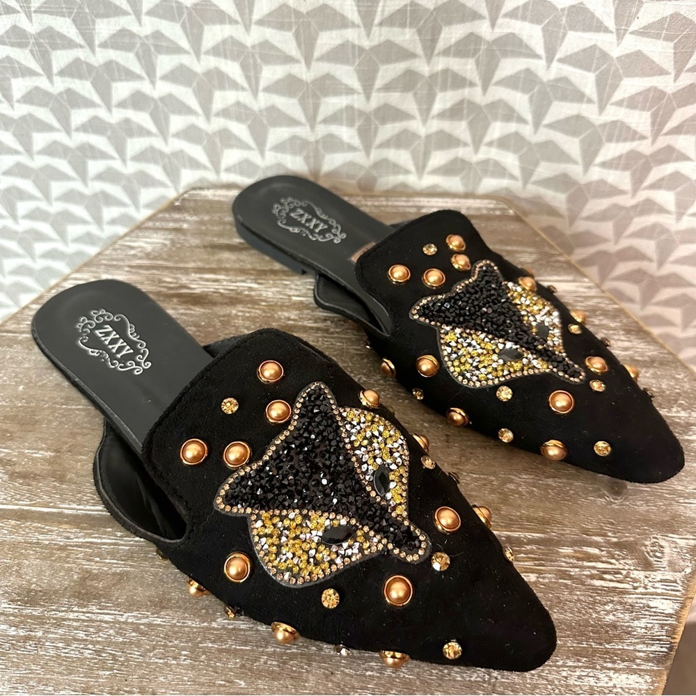 Fox Stud Pointy Toe Mules Flats Slides Black Rhinestones Crystals Size 9 41 - Picture 2 of 7